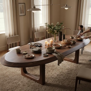 無垢のウォールナット製オーバル型ダイニングテーブル、スカンジナビアスタイル、手作りの天然木