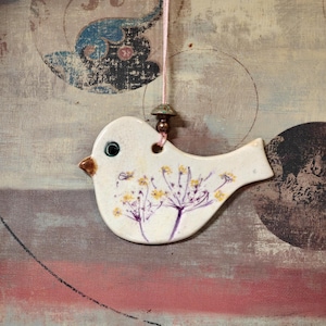 Handmade Ceramic Bird Ornaments With Real Plant Impressions-Each Piece One-Of-A-Kind. Fridge Magnets, Christmas Tree & Window Decoration