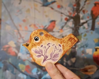 Handmade Ceramic Bird Ornaments With Real Plant Impressions-Each Piece One-Of-A-Kind. Fridge Magnets, Christmas Tree & Window Decoration