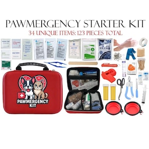 May include: A red Pawmergency Starter Kit with 34 unique items and 123 pieces total. The kit includes a red case with a dog and cat graphic, first aid supplies, and other pet care essentials. Also included are two red collapsible bowls.