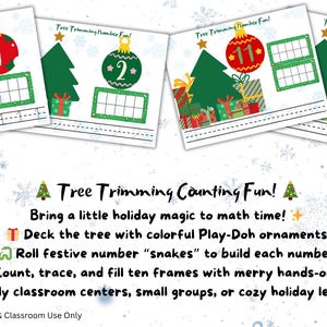May include: Educational holiday-themed printables with Christmas tree illustrations and numbers 1, 2, 11, and 12 inside ornaments. The text reads "Tree Trimming Counting Fun!" and includes instructions for math activities.