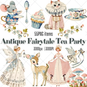 Fairytale Tea Party Clipart bundle retro Storybook Antique Style, Enchanted Forest Tea Party PNG, Commercial Use