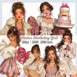 Winter Birthday Girl PNG Bundle – Minimal Dress Clipart for Digital Stickers & Planner