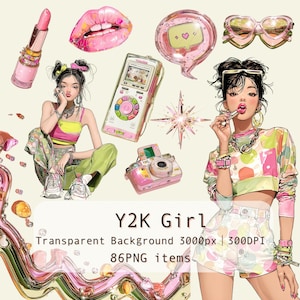 Può includere: Illustrazione digitale a tema Y2K con sfondo trasparente. L'immagine presenta una donna, rossetto, un telefono cellulare, una fotocamera, occhiali da sole e altri accessori. Il testo "Y2K Girl" è visualizzato nella parte inferiore dell'immagine.
