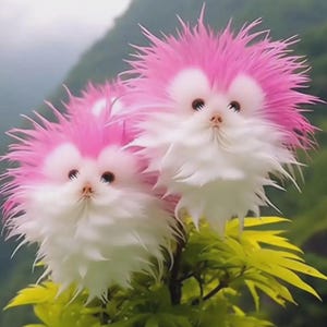 May include: Two whimsical, fluffy creatures with pink and white fur, resembling small animals or fantastical beings. They have dark eyes and are perched on green and yellow foliage, set against a blurred natural background. The creatures have a unique, spiky appearance.
