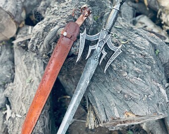 Personalized Medieval Style Damascus Sword with Leather Sheath, Handcrafted Fantasy Sword Decor, Gift for boyfriend, Christmas Gift