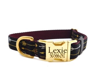 Tribal Arrow Dog Collar, Metal Buckle Pet ID, Personalized Collar, Burgundy Black Gold Arrow Print, Style 211,