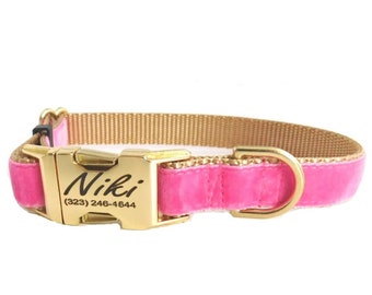 Shocking Pink Personalized Dog Collar  |  Wedding Day Collar  | Laser Engraved Buckle  | Tagless Dog ID