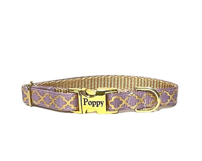 3/8” Dainty Lavender Gold Foil personalized dog collar. Handmade in the USA