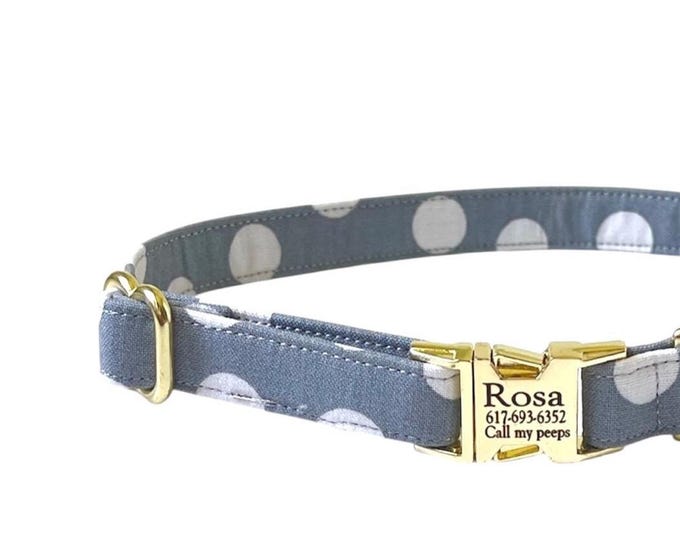 5/8" Gray Polka Dot Personalized Collar. Handmade in USA. Fabric Style. Tagless Dog ID