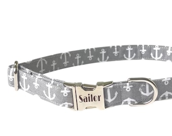 5/8" Gray Sailor Anchors Personalized Collar. Handmade in USA. Fabric Style. Tagless Dog ID