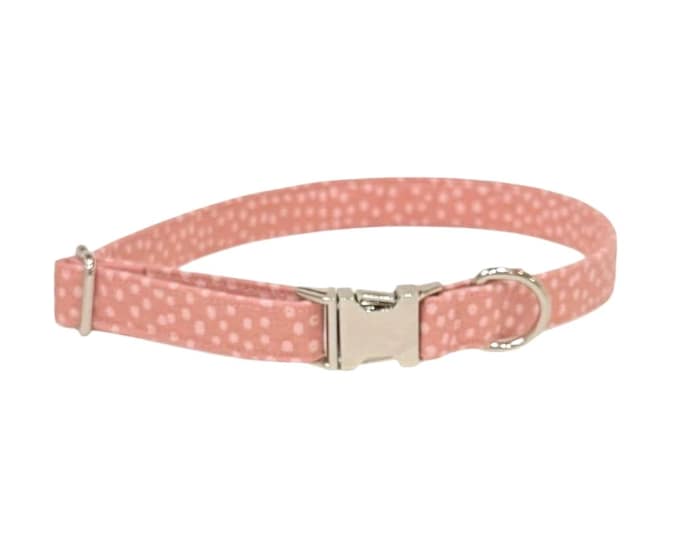 Pink Mauve Dotty Personalized Collar. Handmade in USA. Fabric Style. Tagless Dog ID.