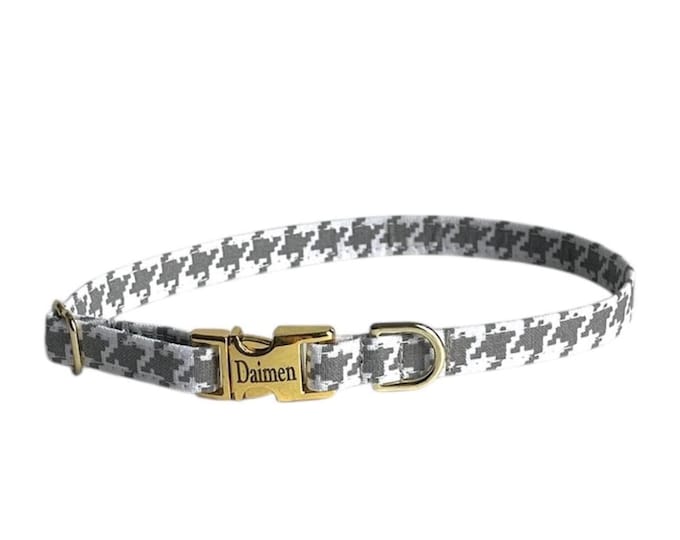 3/8" Dainty Gray Houndstooth Collar - personalized dog collar - Tagless Dog ID