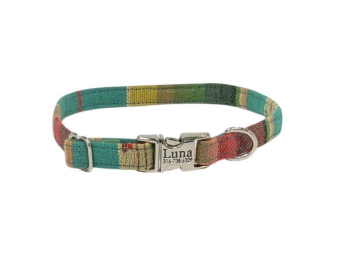 3/8" Dainty Teal Santa Fe Style Personalized Collar. Handmade in USA. Fabric Style. Tagless Dog ID