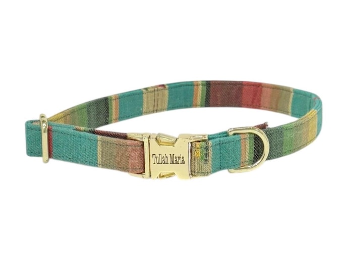 Teal Saddle Blanket Print Personalized Collar. Handmade in USA. Fabric Style. Tagless Dog ID.