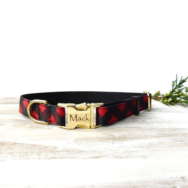 Buffalo Plaid Dog Collar Personalized Dog Collar Lumberjack Red & Black Plaid, Camping Dog,