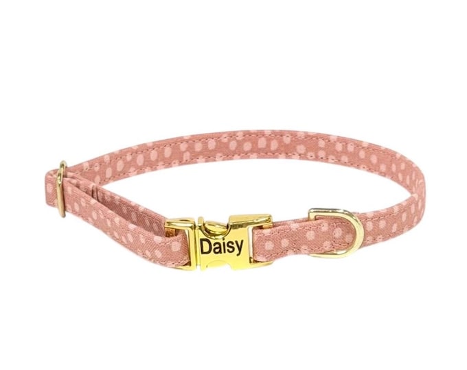 3/8" Dainty Pink Dotty Dog Collar - Personalized Collar - Handmade in USA - Fabric Style. Tagless Dog ID