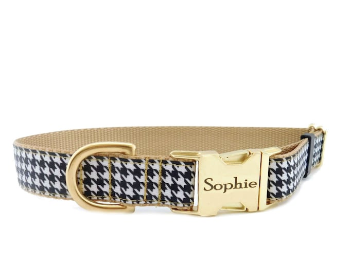 Houndstooth Personalized Collar. Handmade in USA. Tagless ID tag