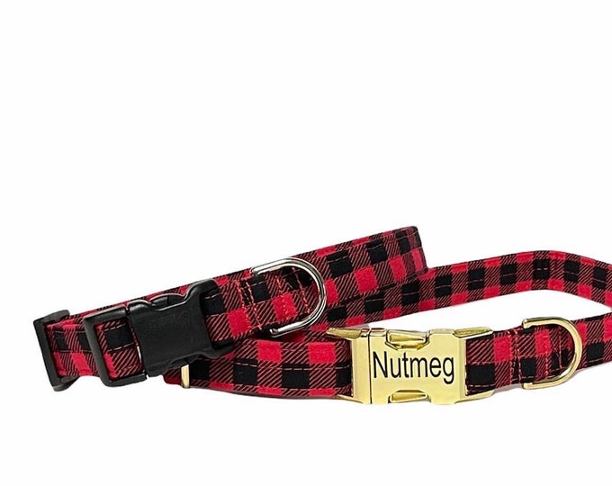 Red Buffalo Plaid Personalized Collar. Handmade in USA. Fabric Style. Tagless Dog ID.
