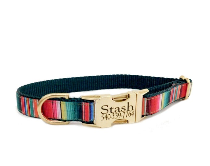 Serape Personalized CollarFiesta Cin. co de Mayo. Handmade in USA. Tagless ID tag