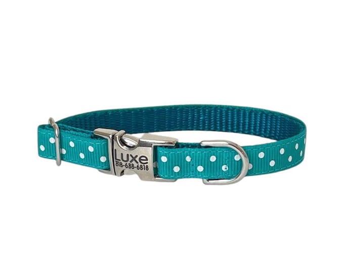 3/8" Dainty Teal Polka Dot Personalized Dog Collar. Handmade in the USA