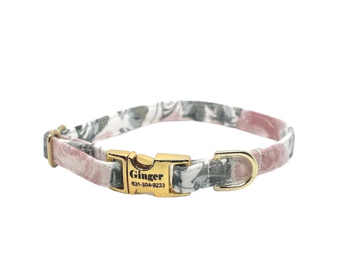 3/8" Dainty Paris Rose Floral Personalized Collar. Handmade in USA. Fabric Style. Tagless Dog ID