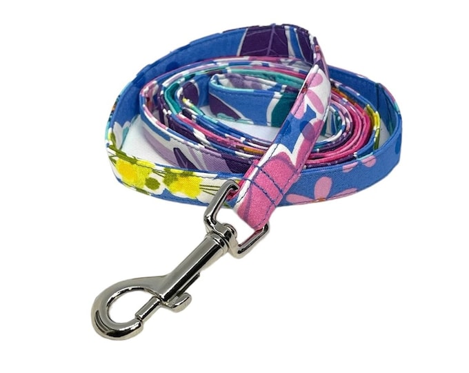 Fabric Dog Leash. Blue Floral Print. Handmade in USA