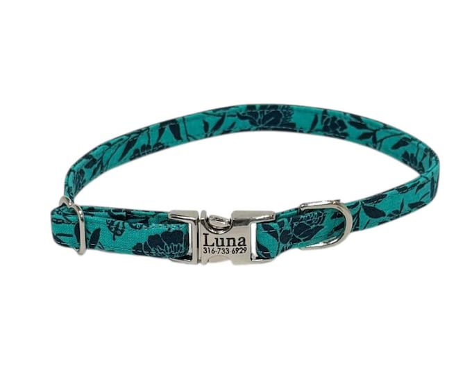 3/8" Dainty Teal Butterfly Floral Personalized Collar. Handmade in USA. Fabric Style. Tagless Dog ID