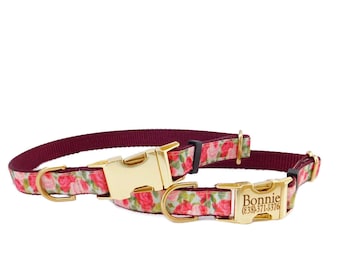 Rose Dog Collar, Personalized Dog Collar, Metal Buckle Pet ID Collar, Floral Print, Engraved Dog Collar