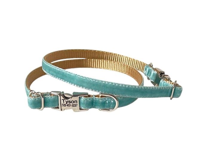 3/8" Dainty Velvet Collar in Light Teal. Tiny Lightweight Thin Collar