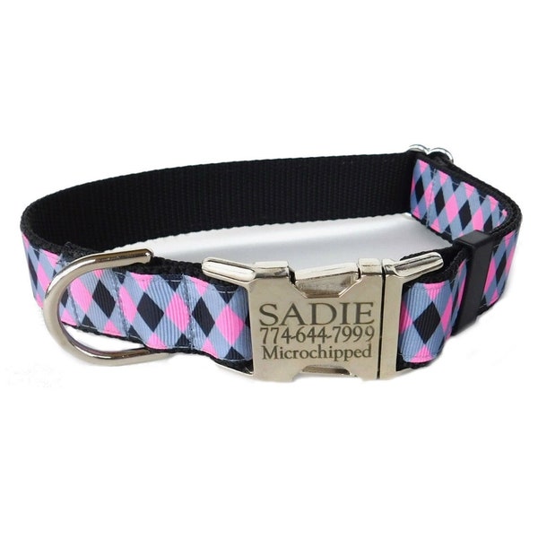 Pink Harlequin Personalized Dog Collar- Closeout - ALL SALES FINAL