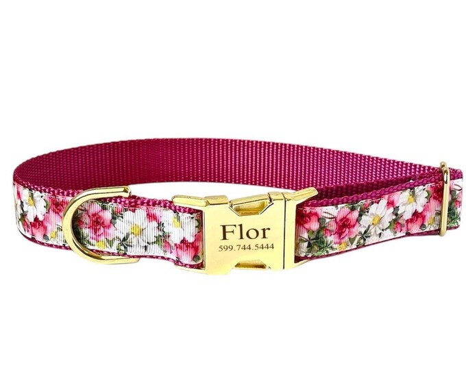 1" Spring Bouquet Collar  | Floral Dog Collar | Engraved dog collar | Tagless ID tag