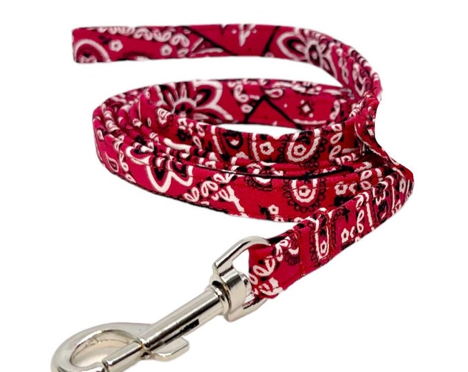 Fabric Dog Leash. Red Paisley Bandana Print. Handmade in USA