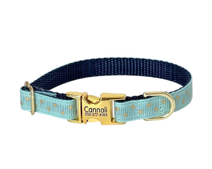 3/8” Dainty Light Blue Gold Foil Polka Dots Personalized Dog Collar. Handmade in the USA