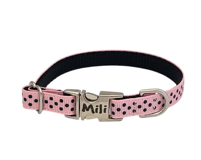 3/8" Dainty Minnnie Polka Dot personalized dog collar. Handmade in the USA