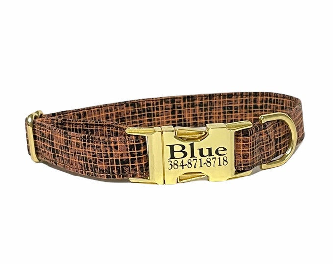 Fall Orange Weave  Dog Personalized Collar, Halloween Autumn Collars. Handmade in USA. Fabric Style. Tagless Dog ID.