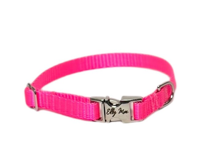 3/8" Dainty Dog Personalized Collar - Neon Pink - Handmade in USA. Tagless dog ID