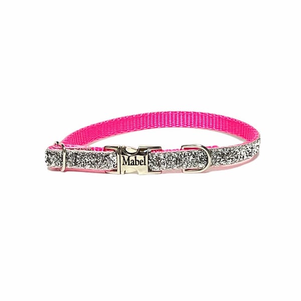 3/8" Dainty Silver Pink Sparkle Collar  -  tiny thin collar - xxs size available