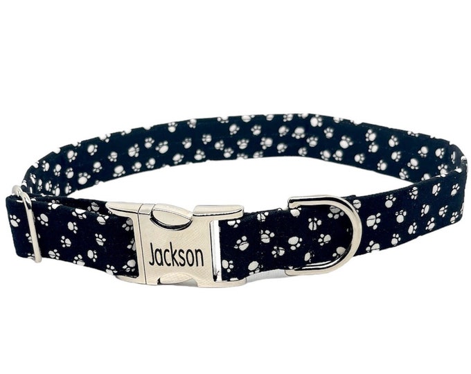 Dog Paw Print Personalized Collar. Handmade in USA. Fabric Style. Tagless Dog ID.