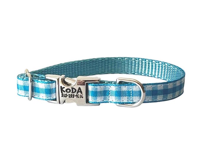 3/8" Dainty Turquoise Gingham Personalized Dog Collar. Handmade in the USA
