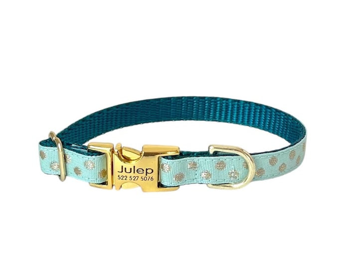 3/8" Dainty Light Teal Gold Dots  Personalized Dog Collar. Handmade in the USA
