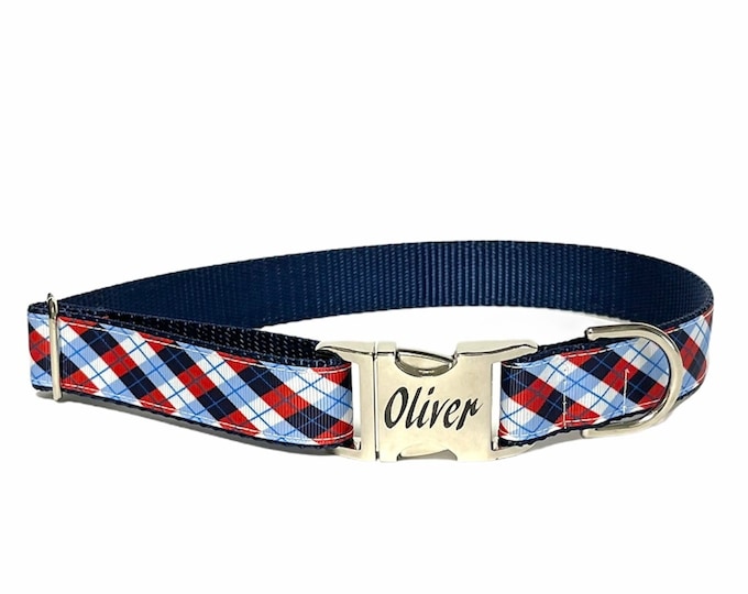 Navy Argyle  Dog Collar - Personalized Dog Collar - Tagless Dog ID