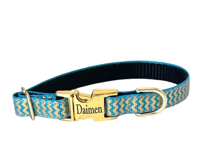 3/8” Dainty Blue Gold Foil Chevron Personalized Dog Collar. Handmade in the USA