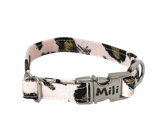 3/8" Dainty Pink Animal Print Personalized Collar. Cheetah. Leopard. Handmade in USA. Fabric Style. Tagless Dog ID