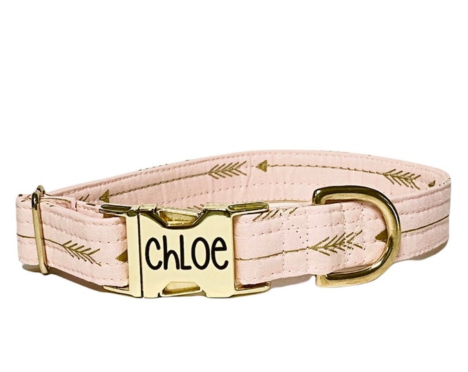 Pink Arrow Personalized Collar. Handmade in USA. Fabric Style. Tagless Dog ID