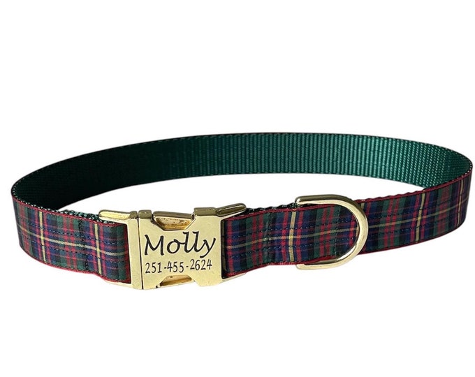 Christmas Plaid Collar. Handmade in USA. Tagless ID tag