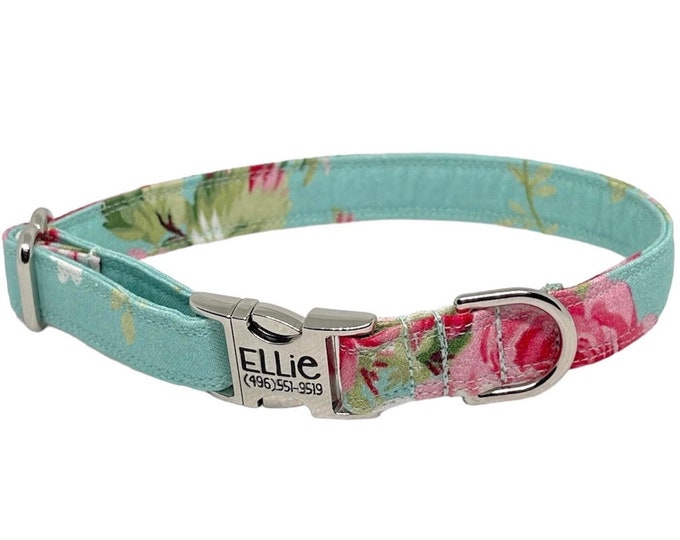Light Blue Floral Personalized Collar. Handmade in USA. Fabric Style. Tagless Dog ID.