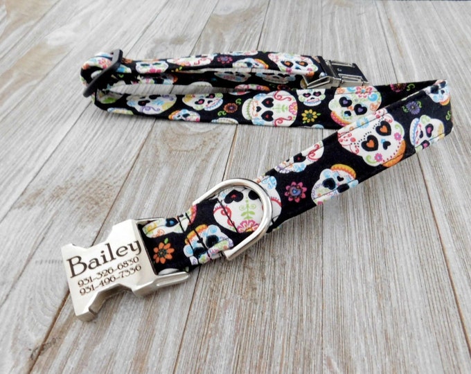 Dia de los Muertos Personalized Dog Collar. Closeout. Handmade in the USA