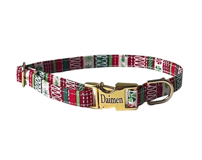 3/8" Dainty Christmas Personalized Collar. Handmade in USA. Fabric Style. Tagless Dog ID