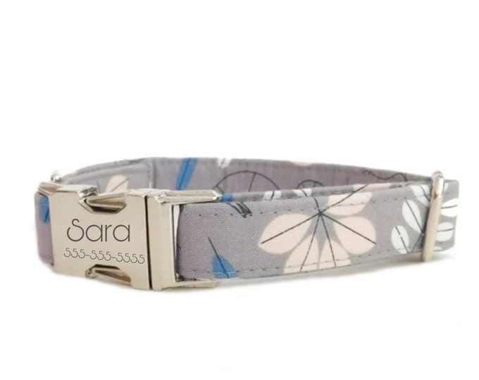 Gray Floral Kitty Personalized Collar | Laser Engraved Dog Collar | Fabric Style | Tagless Dog ID